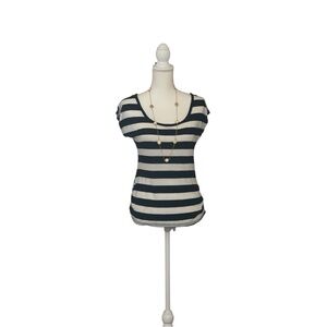 “One Clothing” Black and White Striped Fitted Cap Sleeve Tee
